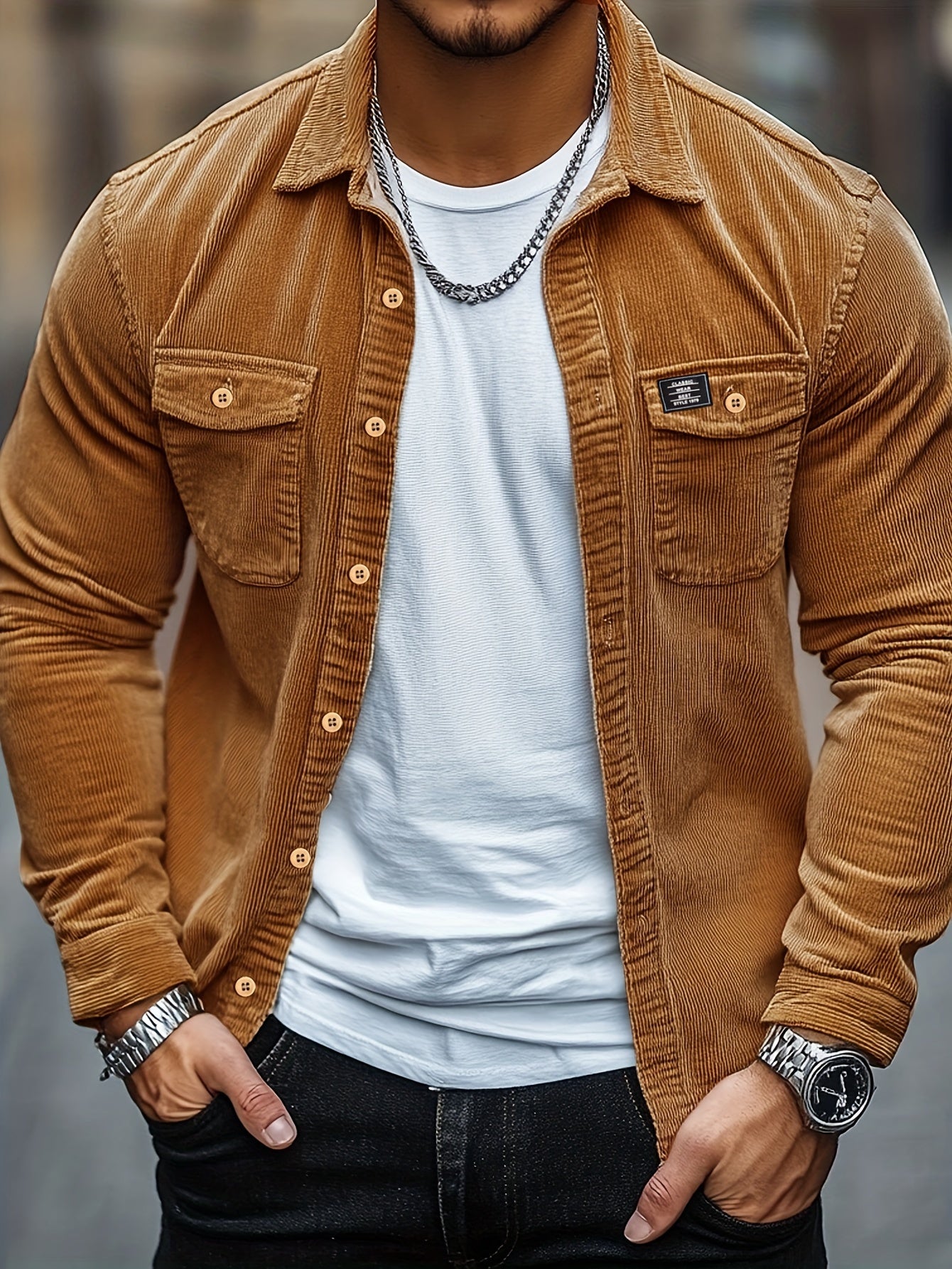 Camisa Masculina Casual de Veludo Cotelê