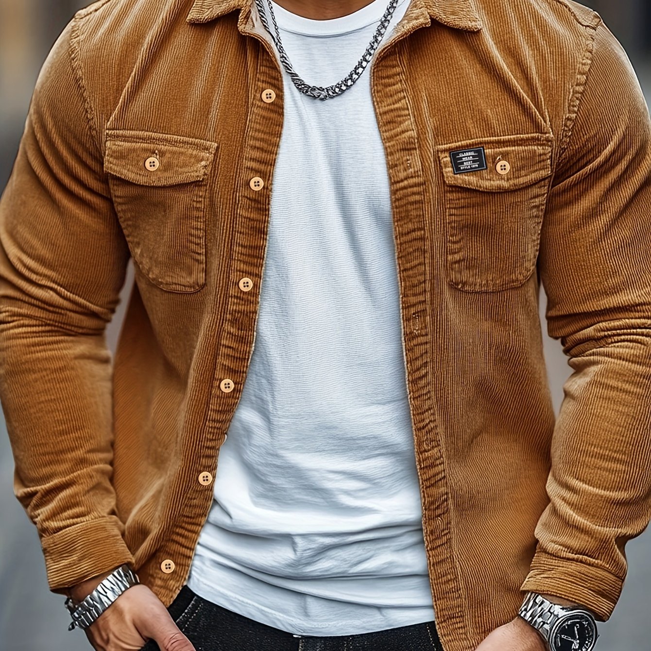 Camisa Masculina Casual de Veludo Cotelê