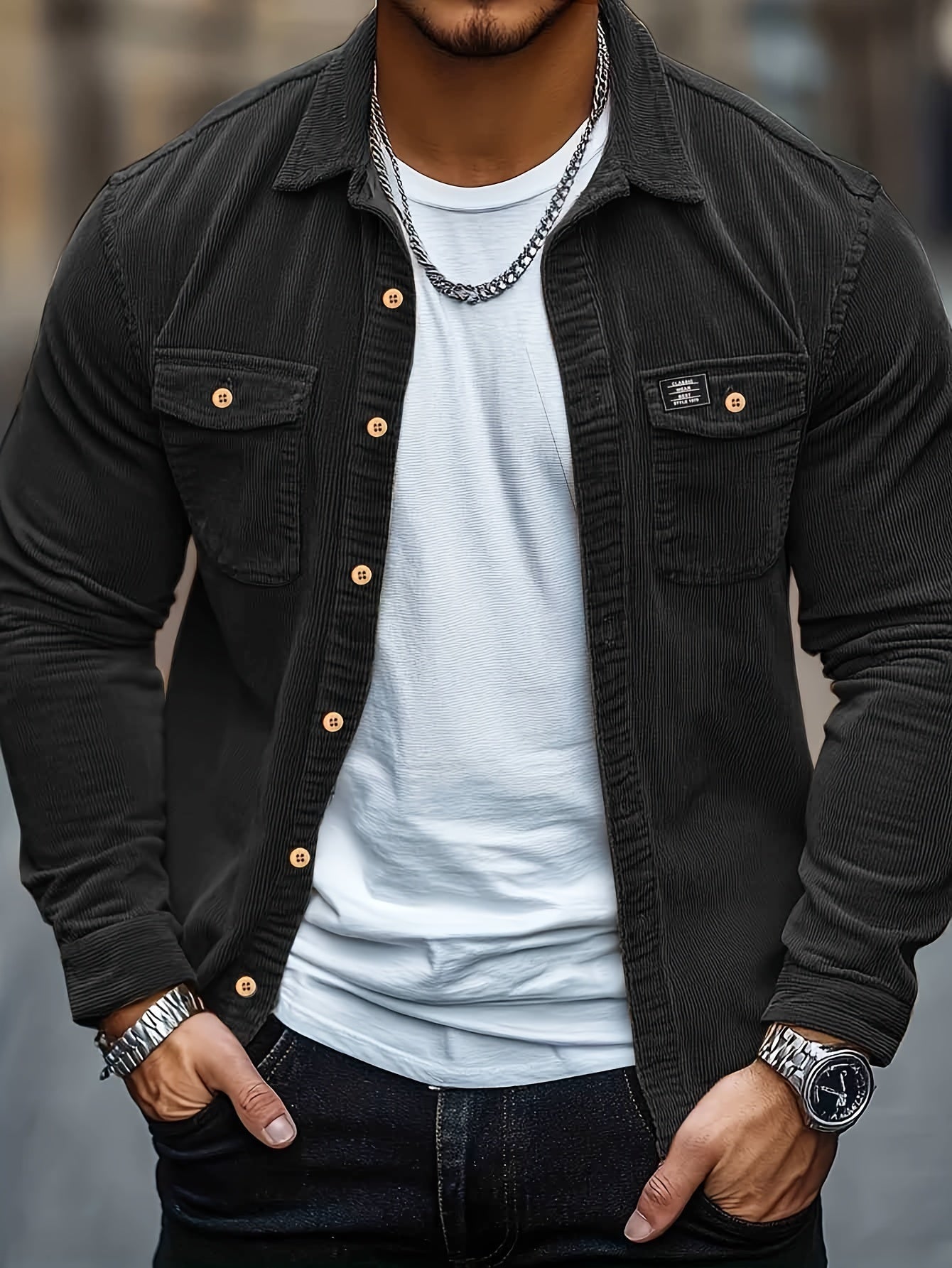 Camisa Masculina Casual de Veludo Cotelê