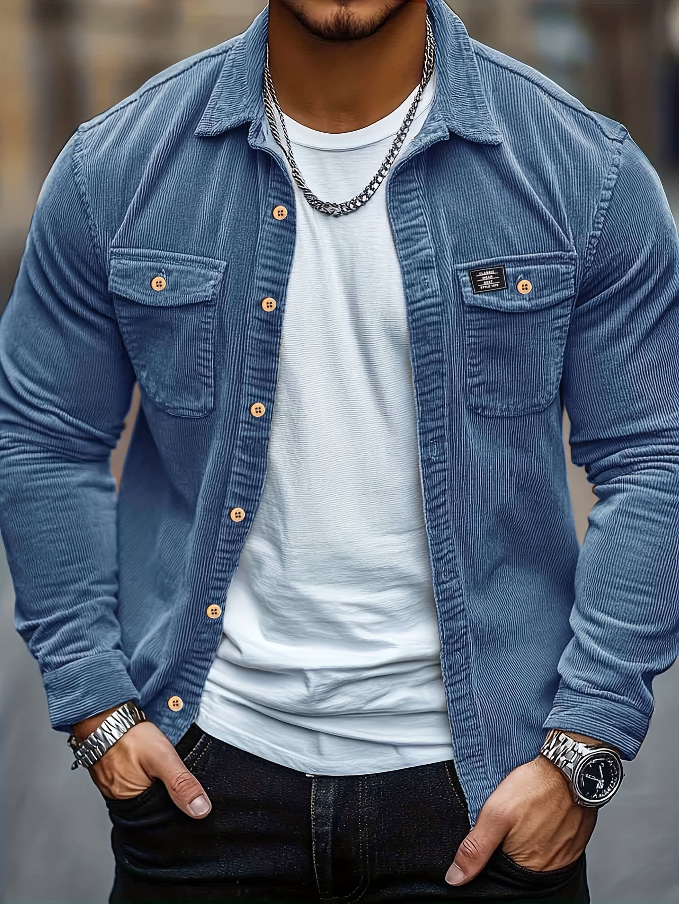 Camisa Masculina Casual de Veludo Cotelê