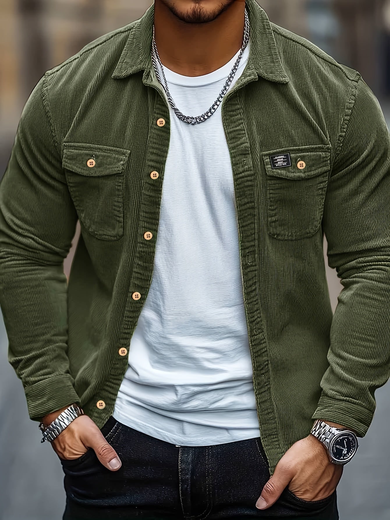 Camisa Masculina Casual de Veludo Cotelê